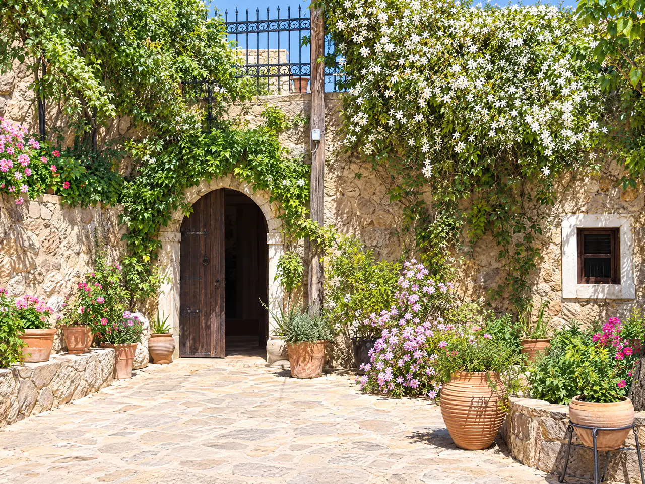 Η πέτρινη καμάρα και η αυλή της Μονής